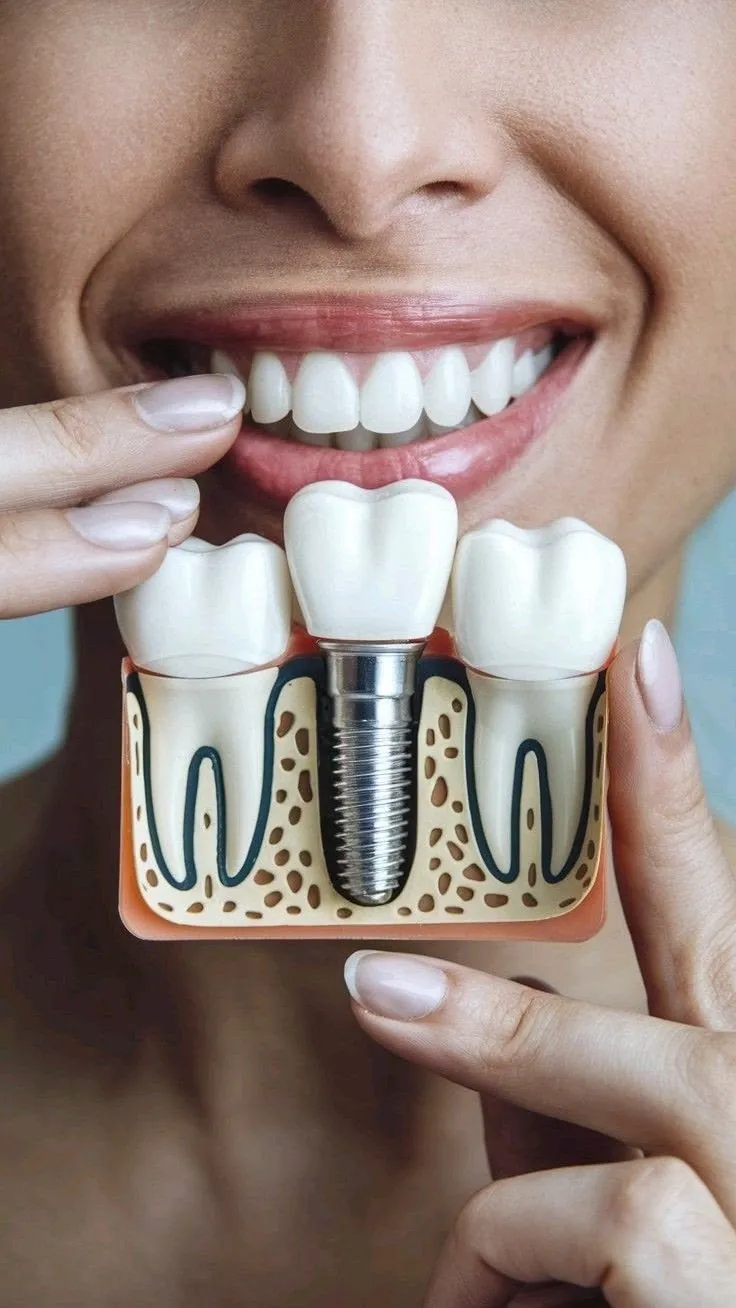 Sorriso e modelo odontológico mostrando um implante dentário entre dois dentes